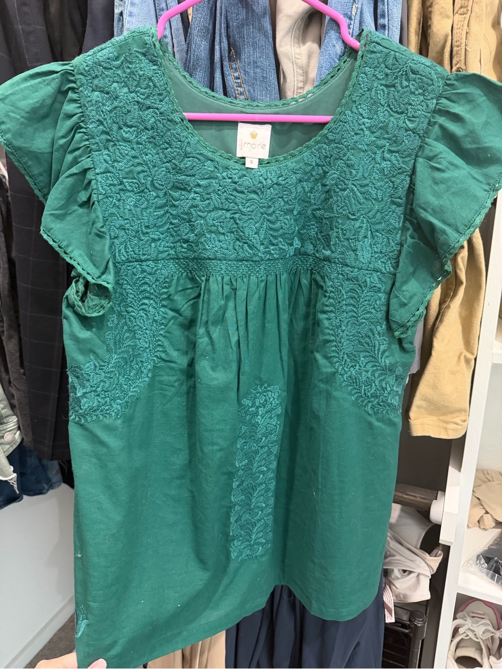 Embroidered Teal Flutter-Sleeve Women's Blouse